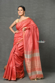  Tyohaar ~ Exclusive! Pure Cotton Handloom Saree By Khadigram Certified Weavers -  Peach