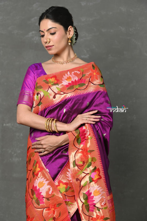 Tyohaar~Designed By VMI Premium~ Handloom Pure Silk Muniya With Lotus Border and Rajhans Pallu in Wine