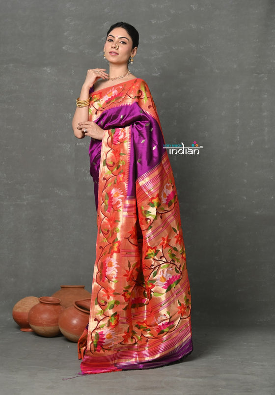 Tyohaar~Designed By VMI Premium~ Handloom Pure Silk Muniya With Lotus Border and Rajhans Pallu in Wine