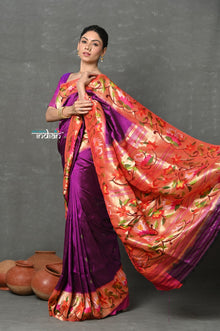  Tyohaar~Designed By VMI Premium~ Handloom Pure Silk Muniya With Lotus Border and Rajhans Pallu in Wine