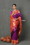 Tyohaar~Designed By VMI Premium~ Handloom Pure Silk Muniya With Lotus Border and Rajhans Pallu in Wine