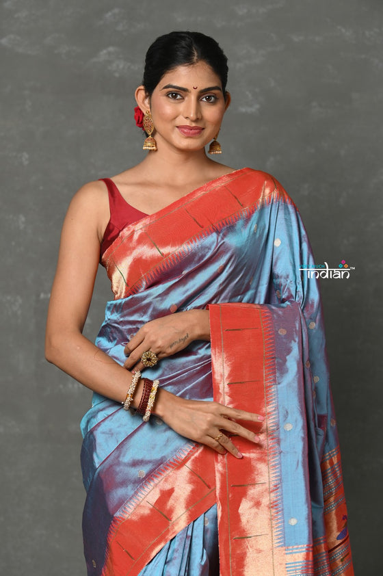 Tyohaar ~ Handloom Pure Silk Muniya Border Paithani Saree with Traditional Double Pallu Pallu ~ Dual Tone Blue Grey