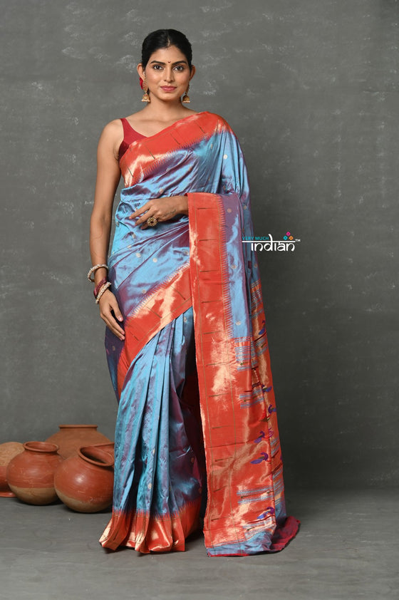 Tyohaar ~ Handloom Pure Silk Muniya Border Paithani Saree with Traditional Double Pallu Pallu ~ Dual Tone Blue Grey