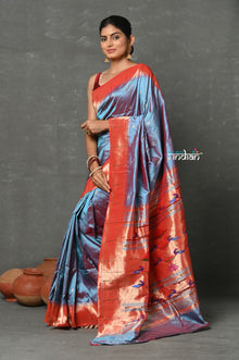  Tyohaar ~ Handloom Pure Silk Muniya Border Paithani Saree with Traditional Double Pallu Pallu ~ Dual Tone Blue Grey