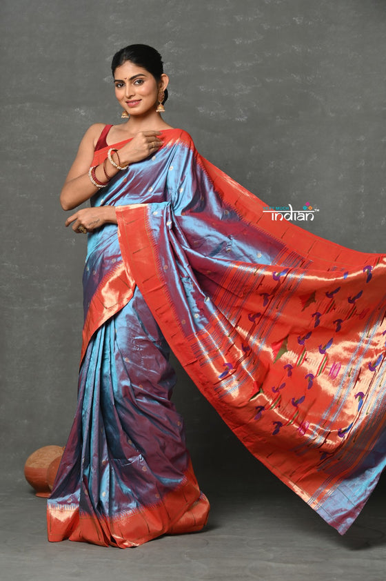 Tyohaar ~ Handloom Pure Silk Muniya Border Paithani Saree with Traditional Double Pallu Pallu ~ Dual Tone Blue Grey