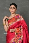 Tyohaar ~ Signature Weave! Handloom Pure Silk Paithani Saree with Handcrafted Floral Peacock Parrot Border ~ Rani Pink