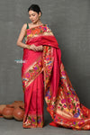 Tyohaar ~ Signature Weave! Handloom Pure Silk Paithani Saree with Handcrafted Floral Peacock Parrot Border ~ Rani Pink