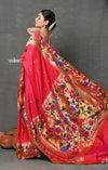 Tyohaar ~ Signature Weave! Handloom Pure Silk Paithani Saree with Handcrafted Floral Peacock Parrot Border ~ Rani Pink