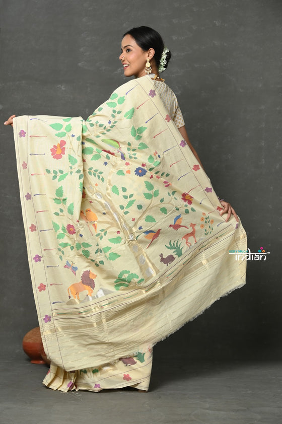 Tyohaar ~ Premium Signature! Masterpiece Handloom All Over Pure Cotton Paithani Saree - Off-white