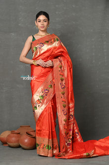  Tyohaar~  Handloom Pure Silk Muniya With Lotus Border and Lotus Pallu in Orange ( 3 months Weaving)