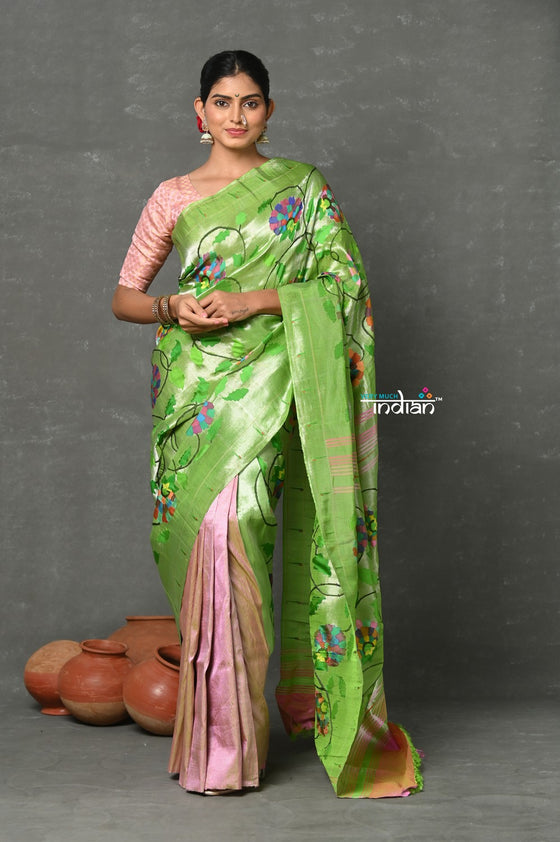 Tyohaar ~ Designer - Masterpiece Handloom All Over Zari Pure Silver Zari Silk Paithani Saree in Green