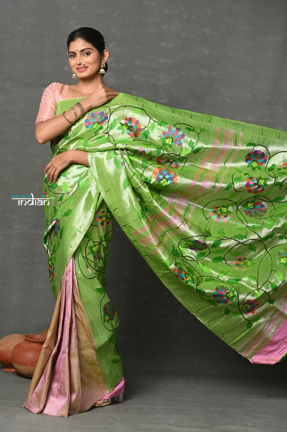 Tyohaar ~ Designer - Masterpiece Handloom All Over Zari Pure Silver Zari Silk Paithani Saree in Green