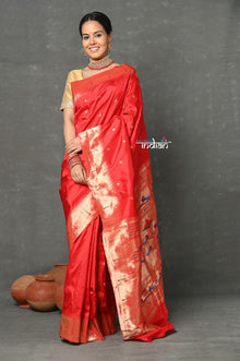  Tyohaar ~ Handloom Pure Silk Muniya Border Paithani Saree with Traditional Double Pallu Pallu ~ Bright Red