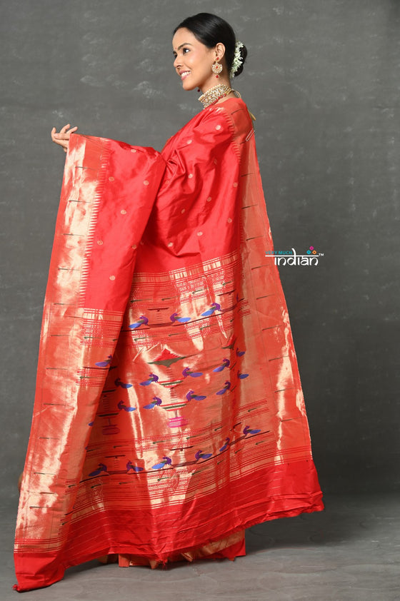 Tyohaar ~ Handloom Pure Silk Muniya Border Paithani Saree with Traditional Double Pallu Pallu ~ Bright Red