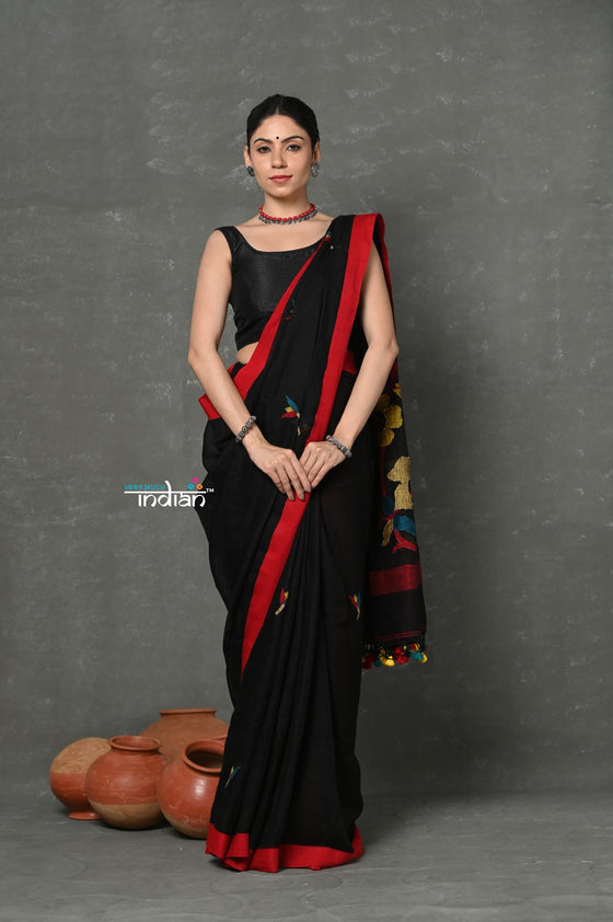 Tyohaar ~High Quality Handloom Linen Jamdhani Saree~  Black