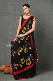  Tyohaar ~High Quality Handloom Linen Jamdhani Saree~  Black