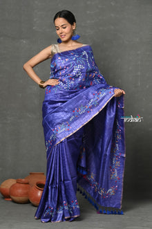  Tyohaar ~ Handloom Tussar Silk with Detailed Hand Embroidery by Khadigram Certified Weavers ~ Taurus Blue