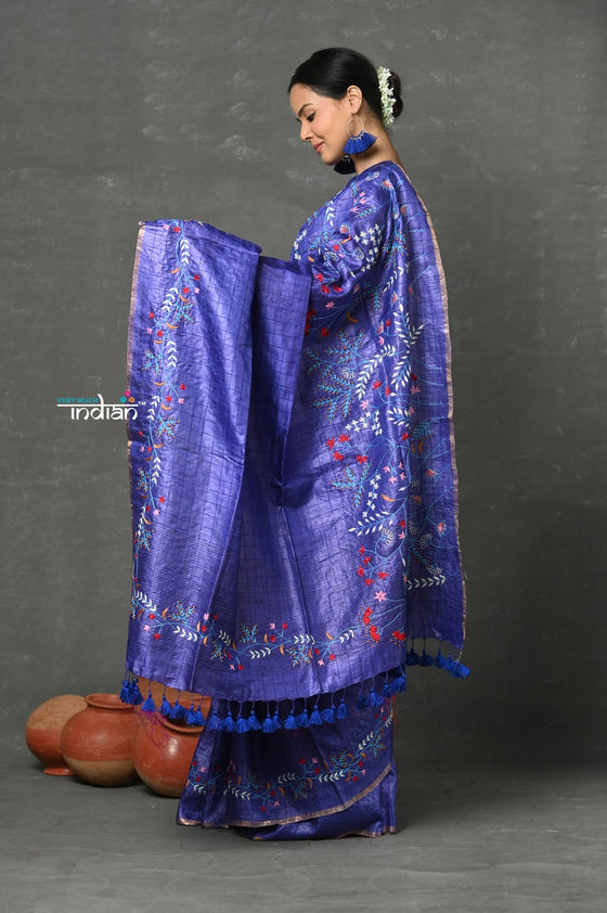 Tyohaar ~ Handloom Tussar Silk with Detailed Hand Embroidery by Khadigram Certified Weavers ~ Taurus Blue