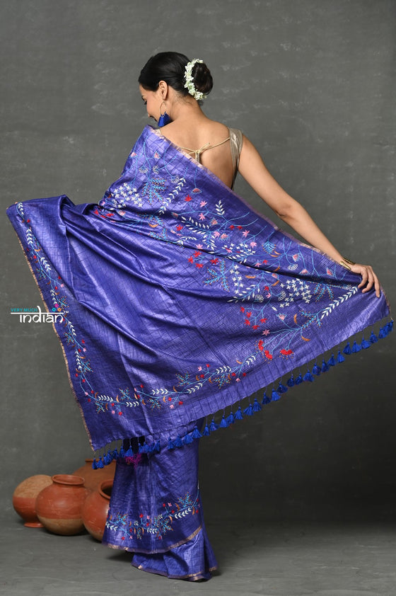 Tyohaar ~ Handloom Tussar Silk with Detailed Hand Embroidery by Khadigram Certified Weavers ~ Taurus Blue