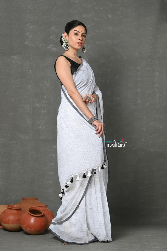 Tyohaar ~ Mul Cotton Khadi Design Handloom Woven Saree - White