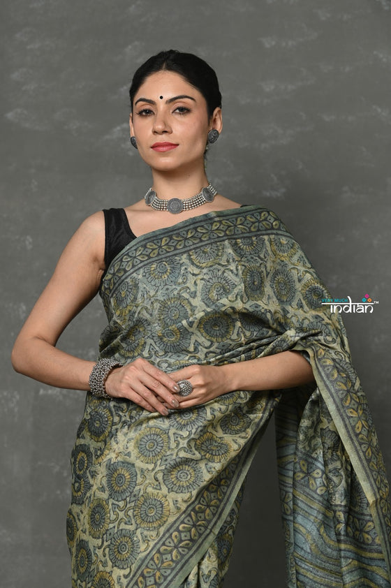 Tyohaar ~ Pure Handloom Tussar Silk with Handblock Print by Khadigram Certified Weavers ~ Khadi Green