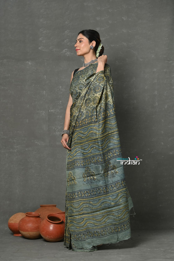 Tyohaar ~ Pure Handloom Tussar Silk with Handblock Print by Khadigram Certified Weavers ~ Khadi Green