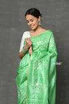 Tyohaar ~ Pure Handloom Tussar Silk with Hand Embroidery by Khadigram Certified Weavers ~ Pista Green