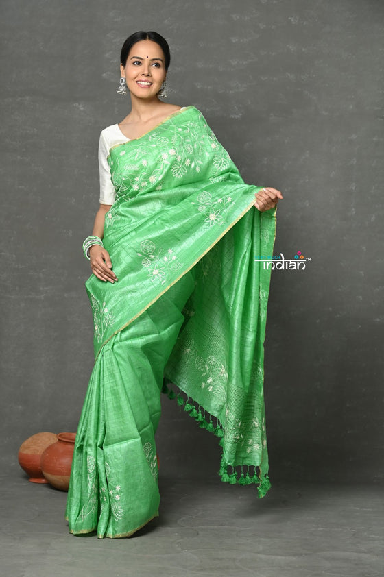 Tyohaar ~ Pure Handloom Tussar Silk with Hand Embroidery by Khadigram Certified Weavers ~ Pista Green