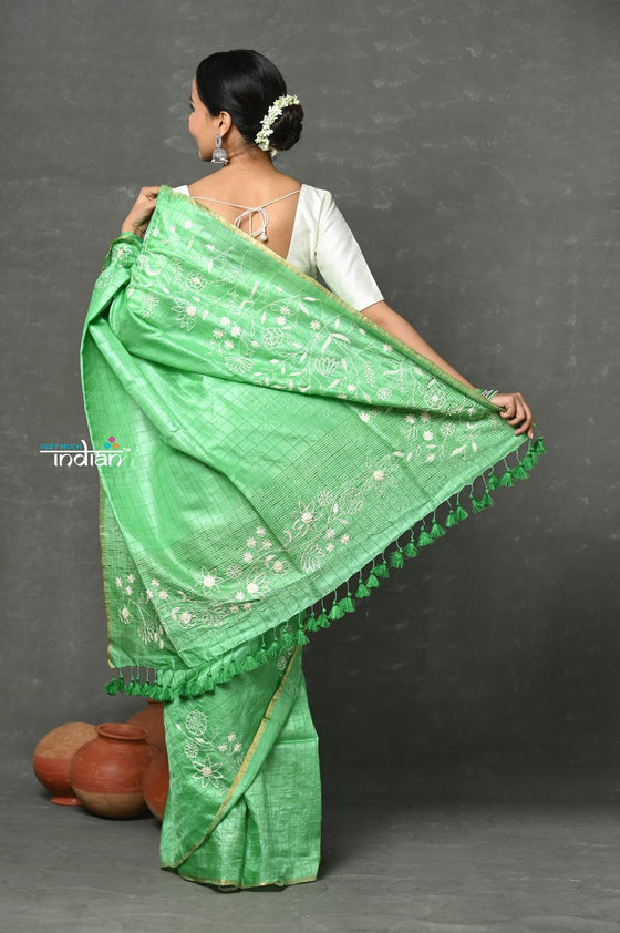 Tyohaar ~ Pure Handloom Tussar Silk with Hand Embroidery by Khadigram Certified Weavers ~ Pista Green