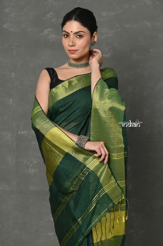 Tyohaar ~ Handloom Pure Cotton Linen Saree With Golden Border - Green