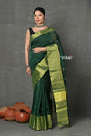 Tyohaar ~ Handloom Pure Cotton Linen Saree With Golden Border - Green