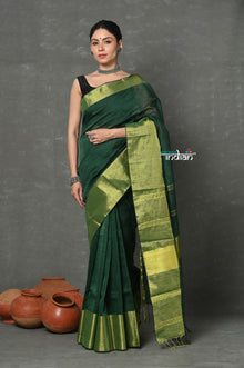  Tyohaar ~ Handloom Pure Cotton Linen Saree With Golden Border - Green