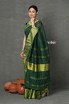 Tyohaar ~ Handloom Pure Cotton Linen Saree With Golden Border - Green