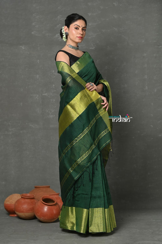 Tyohaar ~ Handloom Pure Cotton Linen Saree With Golden Border - Green