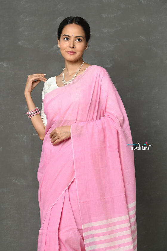 Tyohaar ~ Pure Mul Cotton Handloom Saree ~ Feather Pink