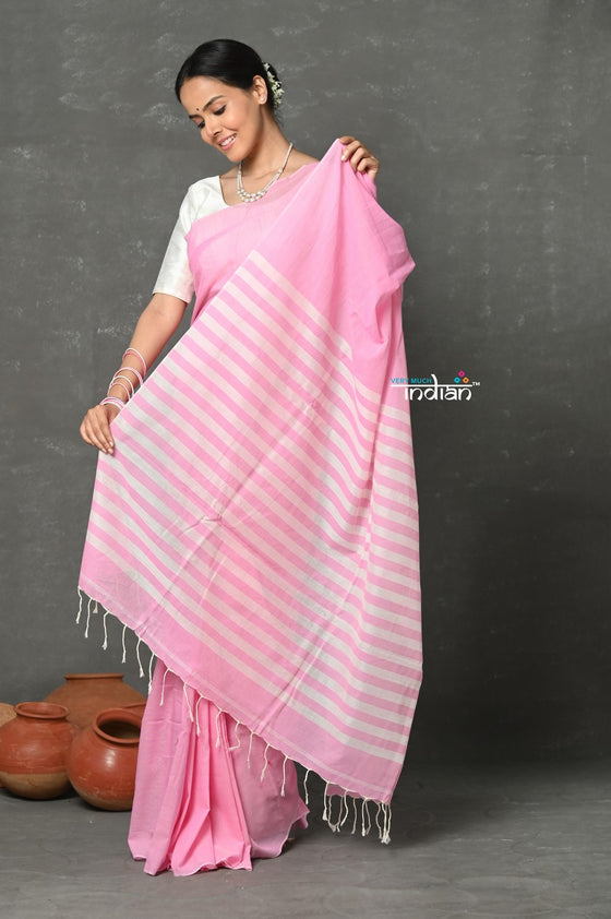 Tyohaar ~ Pure Mul Cotton Handloom Saree ~ Feather Pink