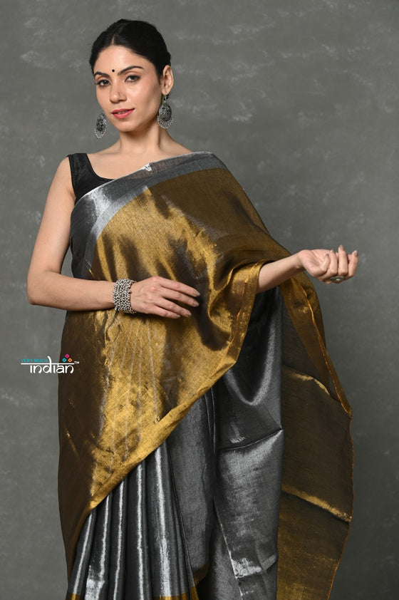 Tyohaar ~ Fusion Cotton Tissue Shimmer Saree - Silver and Gold