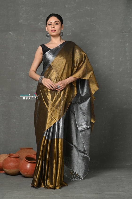 Tyohaar ~ Fusion Cotton Tissue Shimmer Saree - Silver and Gold