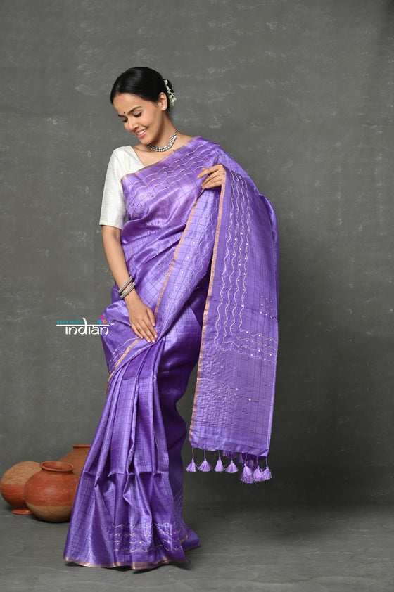 Pure Handloom Tussar Silk with Hand Mirror Embroidery by Khadigram Certified Weavers ~ Lavender