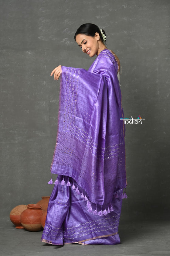 Pure Handloom Tussar Silk with Hand Mirror Embroidery by Khadigram Certified Weavers ~ Lavender