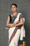 Tyohaar ~ High Quality Mul Cotton Saree with Hand Mirror & Patch Work ~ White