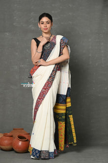  Tyohaar ~ High Quality Mul Cotton Saree with Hand Mirror & Patch Work ~ White