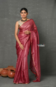  Tyohaar ~  Pure Handloom Tussar Silk Saree With Sleek Golden Border - Copper Red