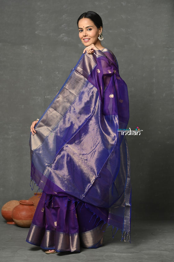 Tyohaar ~ Handloom Pure Cotton Silk Saree With Golden Border - Violet