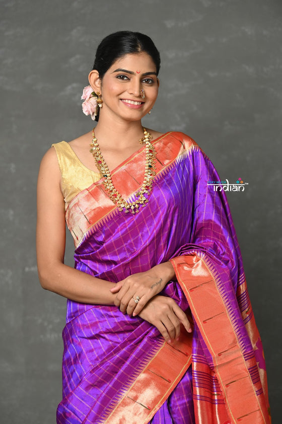 Tyohaar~Designed By VMI ~ Handloom Pure Silk Muniya Border Brocade with Floral Parrot Pallu in Purple Pink