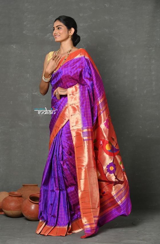 Tyohaar~Designed By VMI ~ Handloom Pure Silk Muniya Border Brocade with Floral Parrot Pallu in Purple Pink