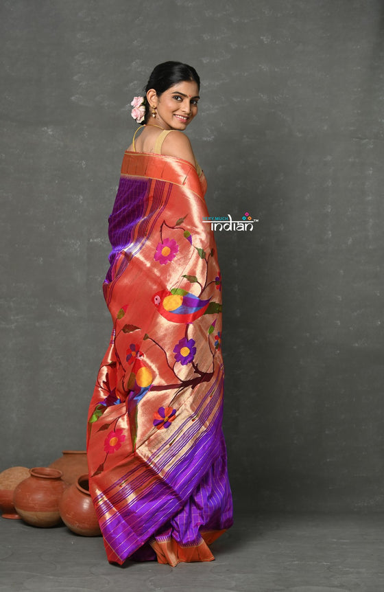 Tyohaar~Designed By VMI ~ Handloom Pure Silk Muniya Border Brocade with Floral Parrot Pallu in Purple Pink