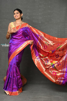  Tyohaar~Designed By VMI ~ Handloom Pure Silk Muniya Border Brocade with Floral Parrot Pallu in Purple Pink