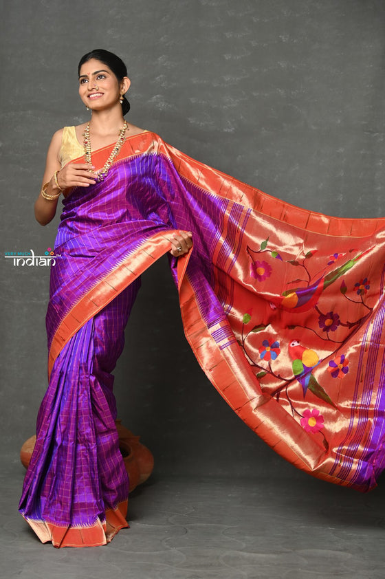 Tyohaar~Designed By VMI ~ Handloom Pure Silk Muniya Border Brocade with Floral Parrot Pallu in Purple Pink