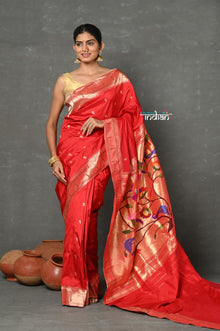  Tyohaar~Designed By VMI ~ Handloom Pure Silk Muniya Borde with Peacock Parrot  Pallu in Bright Red